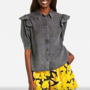 Who What Wear | Gray Riffle Sleeve Button Down Shirt | Sz S